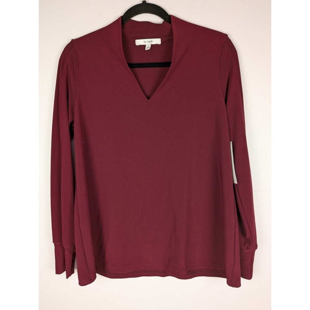 NWT SYMPLI Solid Maroon Stretch V-Neck Split Sleeve Top Size 10